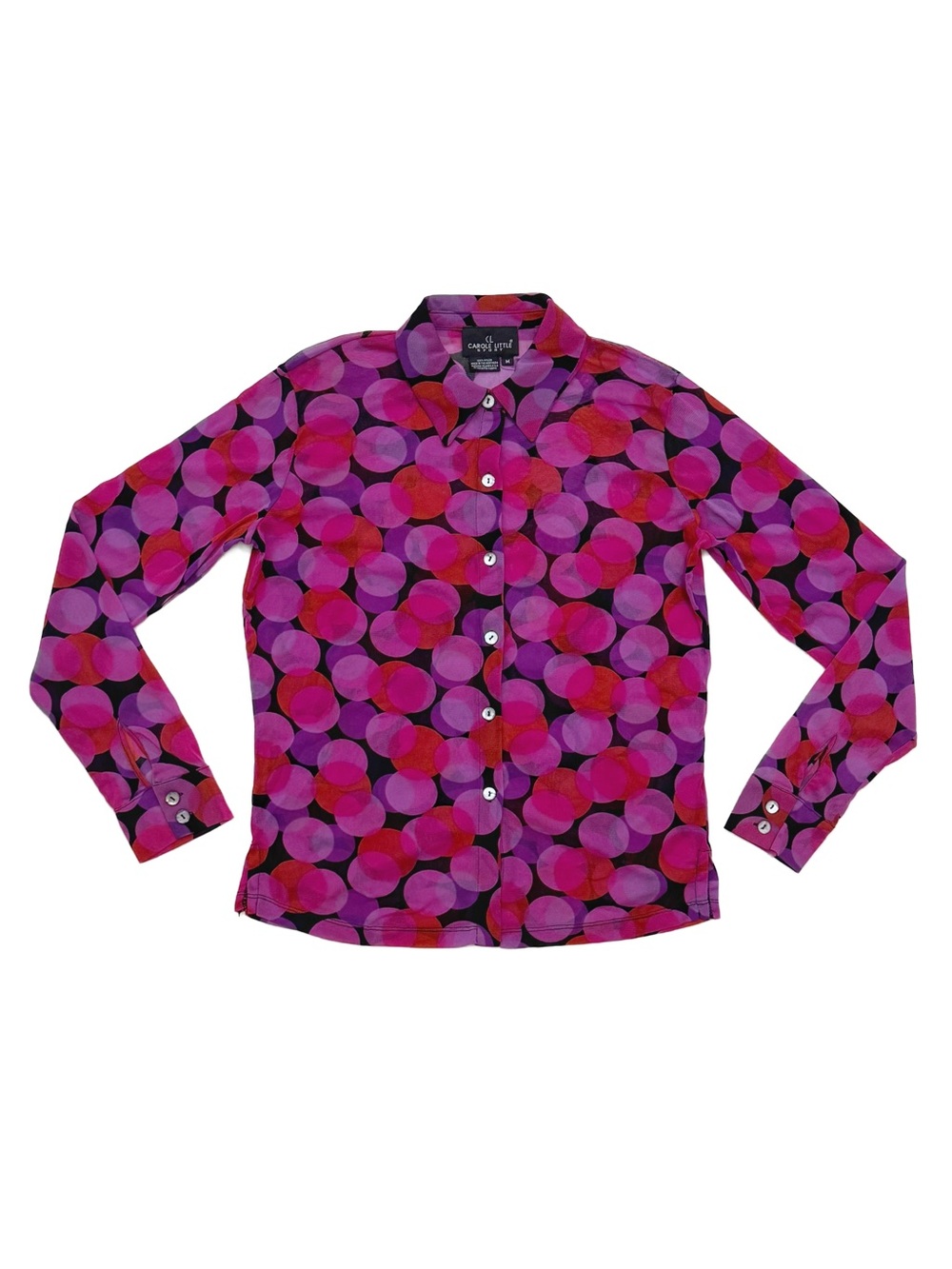 Vintage 90s Carole Little Polka Dot Sheer Mesh Nylon Collared Blouse Top